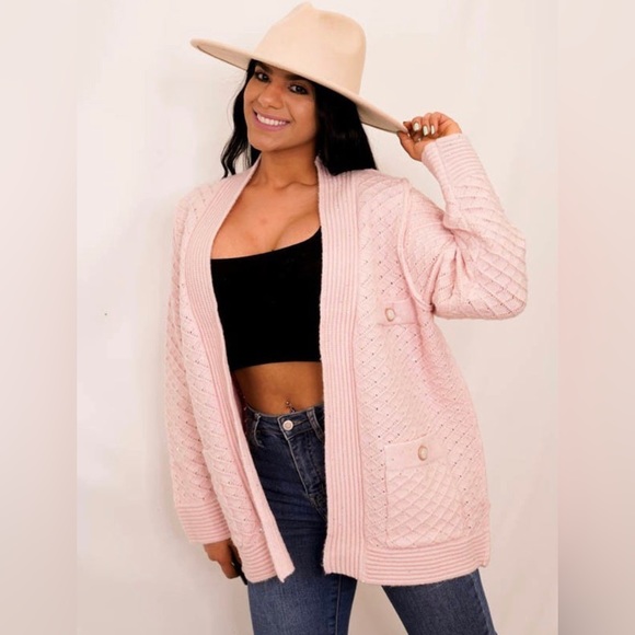 POL Clothing NEW Women's Baby Pink Luxe Open Cardigan Sweater with Buttons Large - Picture 10 of 12
